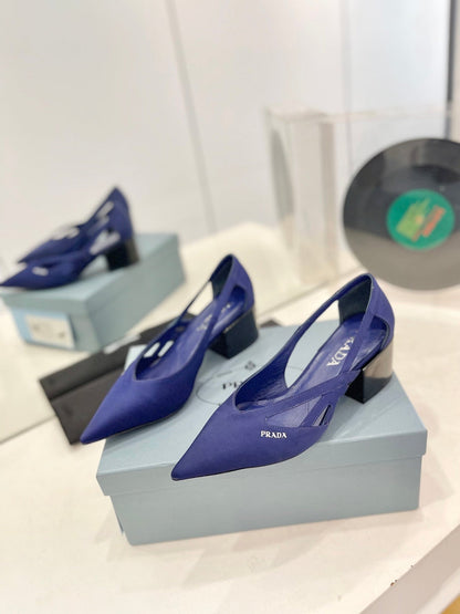 PRA STRAP CUT-OUT PUMPS NAVY SATIN