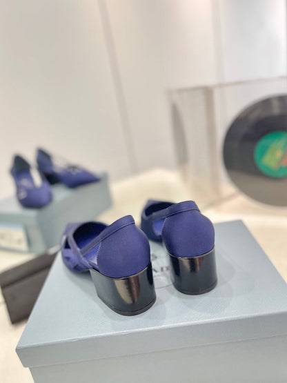 PRA STRAP CUT-OUT PUMPS NAVY SATIN