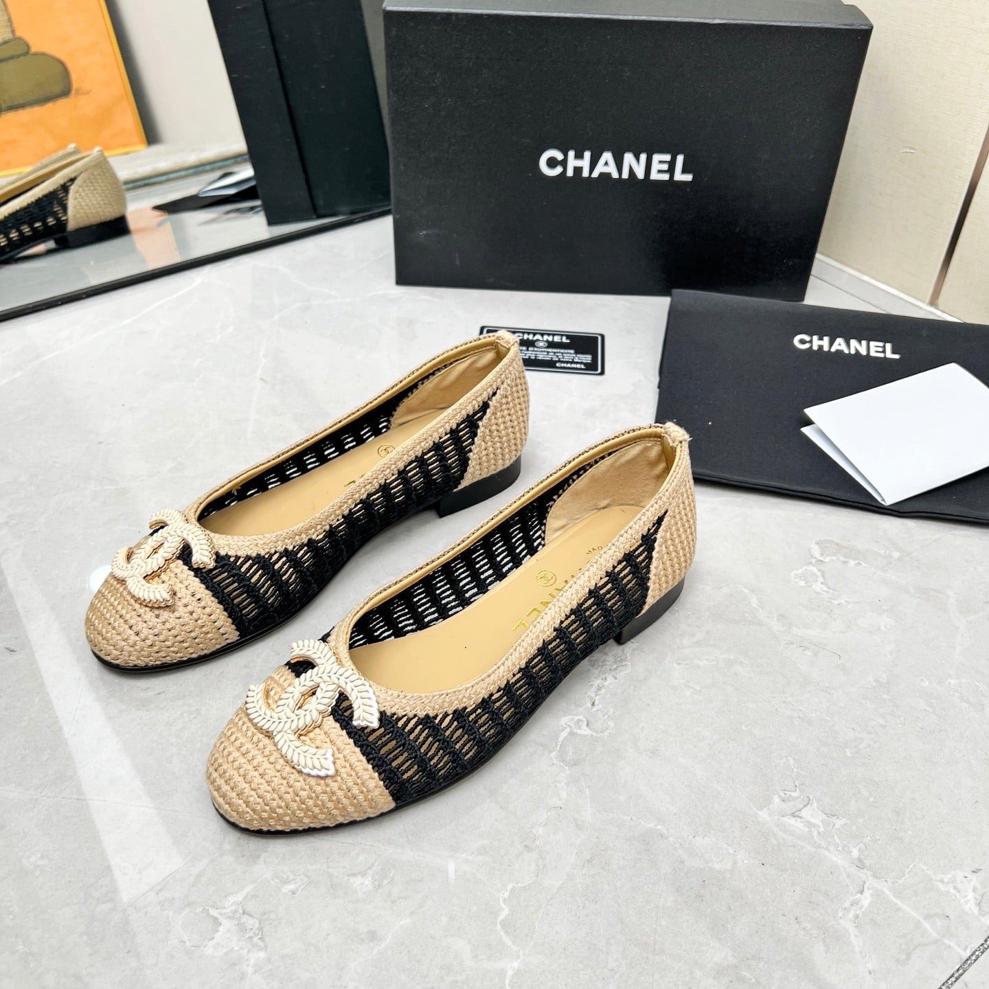 BALLET FLAT 10 MM IN BLACK MIX BEIGE RAFFIA