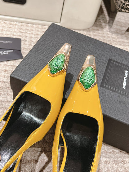 DUNE HIGH 10 CM SLINGBACK PUMPS IN CLASSIC YELLOW PATENT LEATHER WITH CRYSTAL