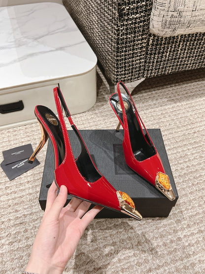 DUNE HIGH 10 CM SLINGBACK PUMPS IN RUBY RED PATENT LEATHER WITH CRYSTAL