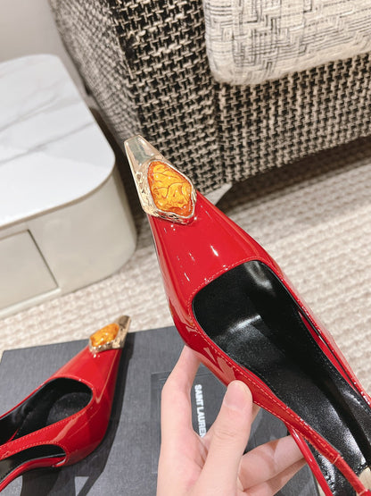 DUNE HIGH 10 CM SLINGBACK PUMPS IN RUBY RED PATENT LEATHER WITH CRYSTAL