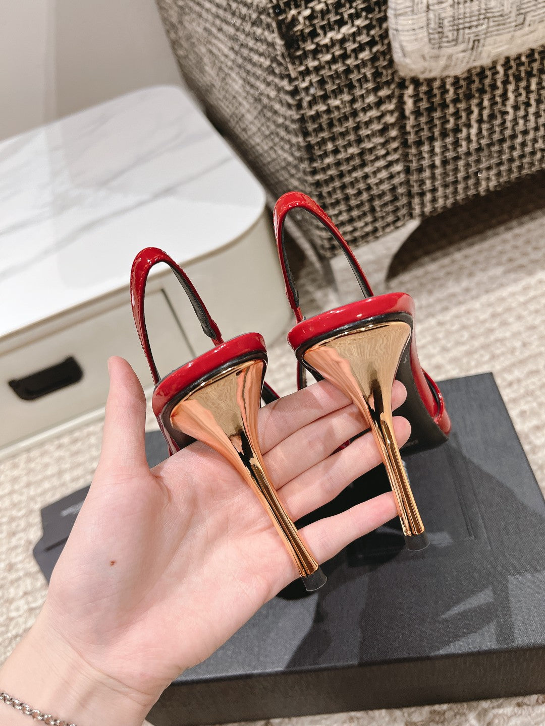 DUNE HIGH 10 CM SLINGBACK PUMPS IN RUBY RED PATENT LEATHER WITH CRYSTAL