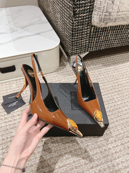 DUNE HIGH 10 CM SLINGBACK PUMPS IN BRONZE BROWN PATENT LEATHER WITH CRYSTAL