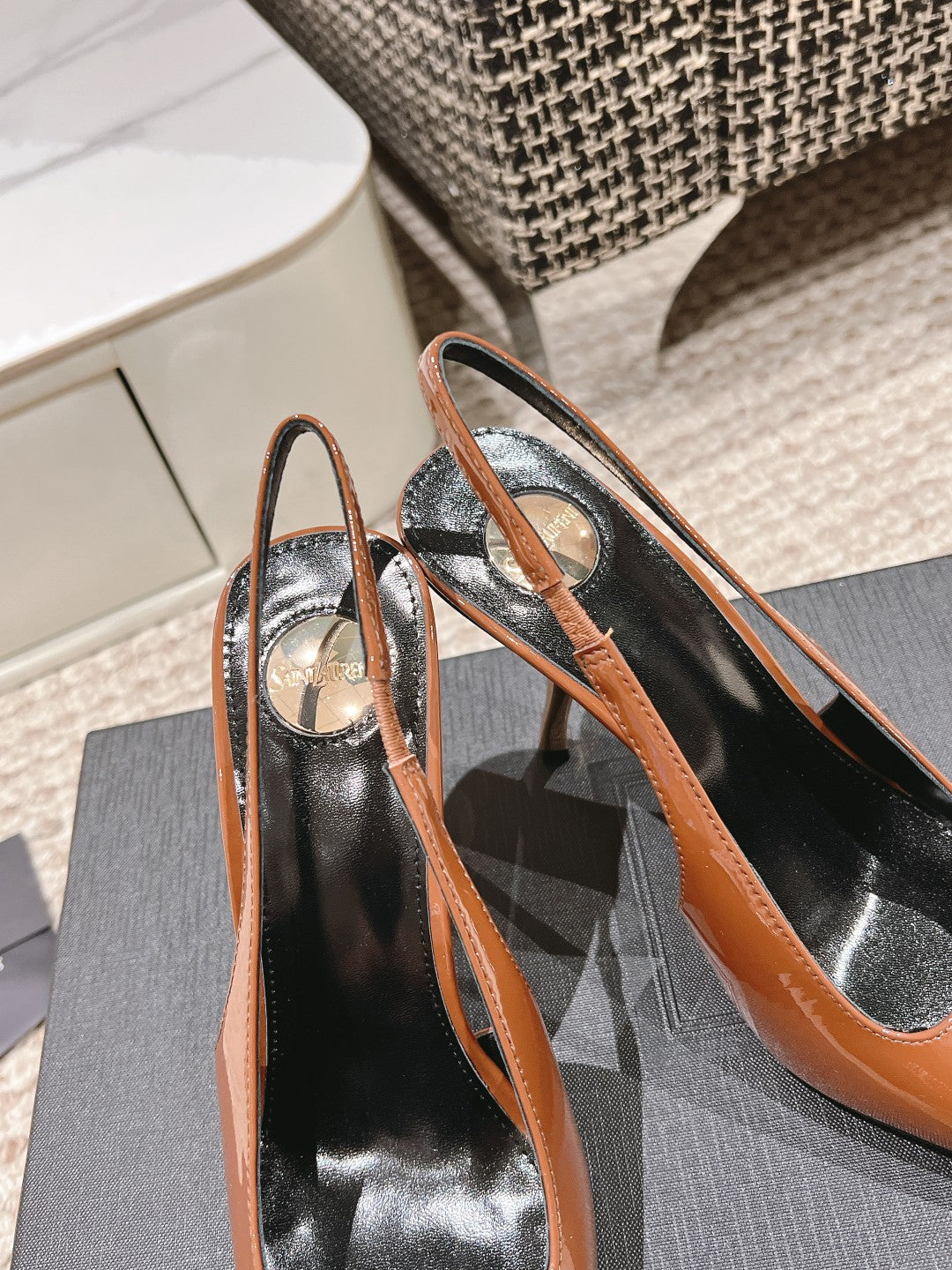 DUNE HIGH 10 CM SLINGBACK PUMPS IN BRONZE BROWN PATENT LEATHER WITH CRYSTAL