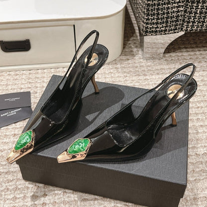 DUNE HIGH 10 CM SLINGBACK PUMPS IN BLACK PATENT LEATHER WITH GREEN CRYSTAL