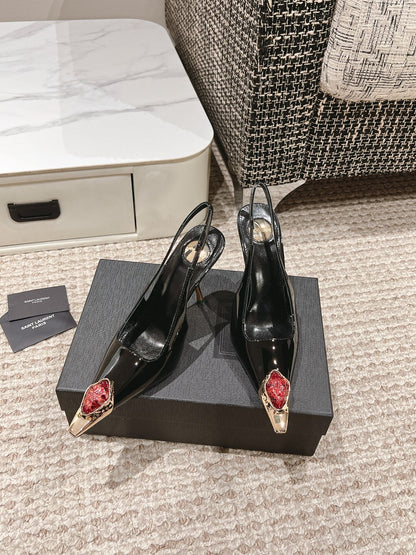 DUNE HIGH 10 CM SLINGBACK PUMPS IN BLACK PATENT LEATHER WITH CRYSTAL