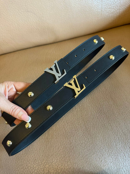 LV Initiales Studs 30mm Reversible Belt Silver Buckle Black Leather