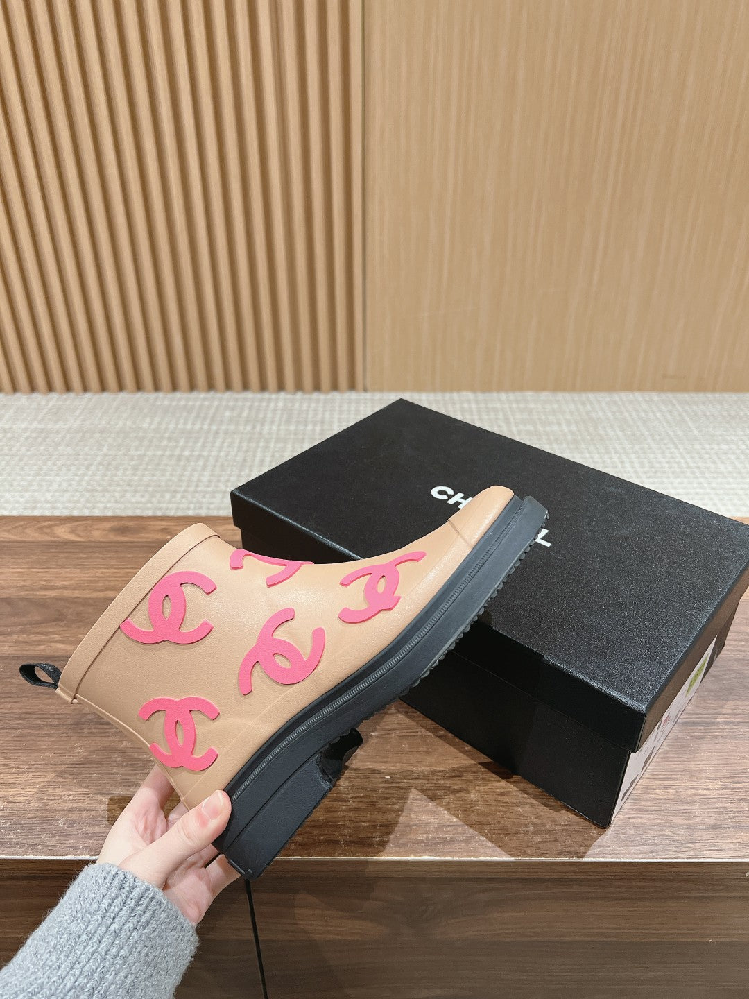 CC RAIN BOOTS BEIGE CREAM TPU WITH PINK LOGO