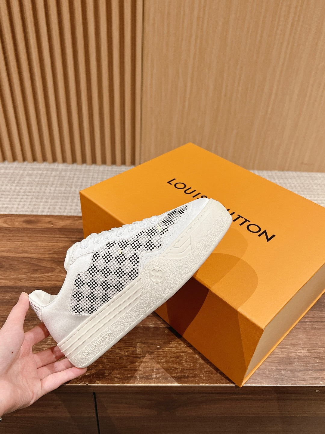 LV GROOVY SNEAKER IN WHITE DAMIER STRASS AND CALFSKIN