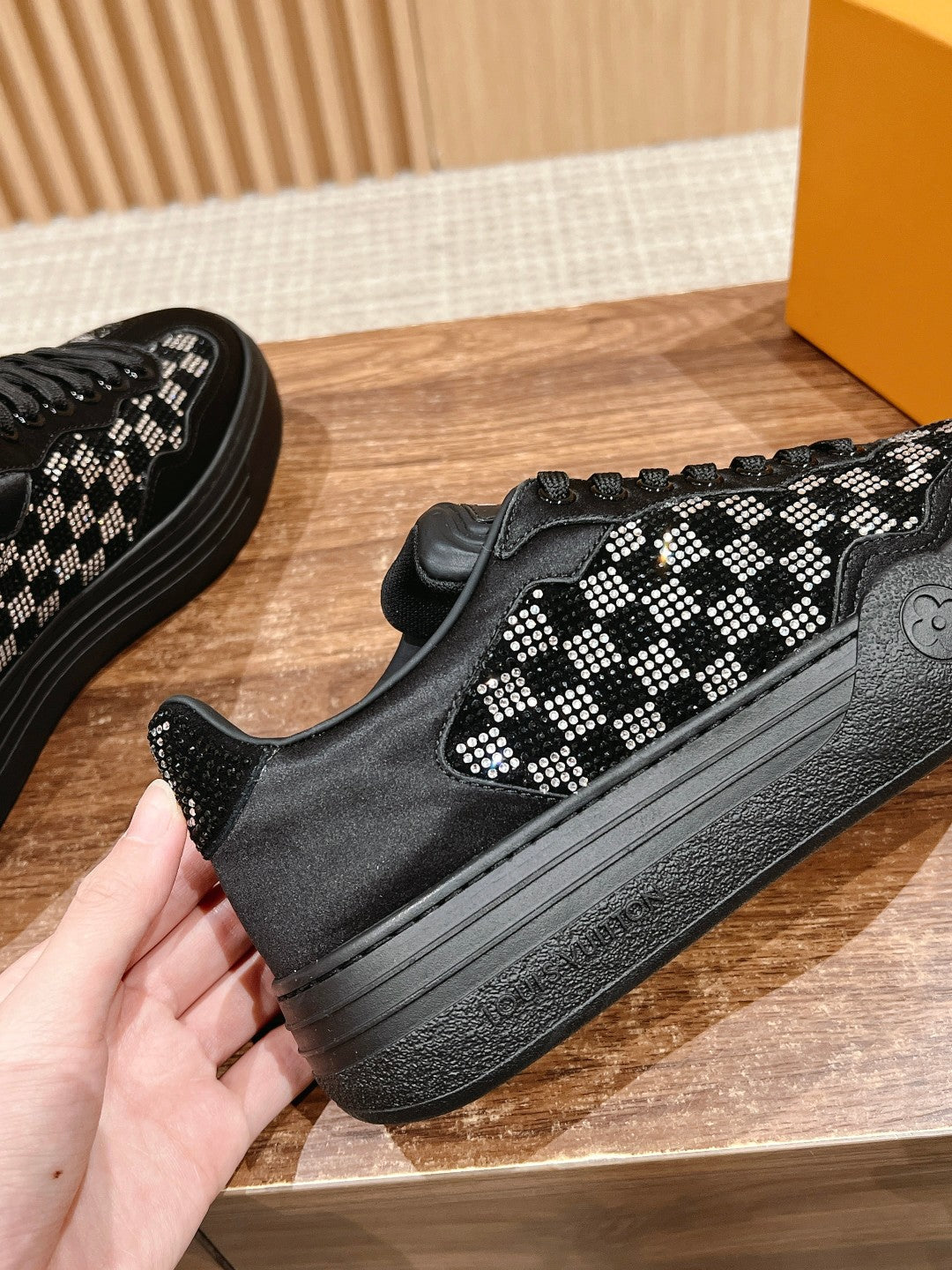 LV GROOVY SNEAKER IN BLACK DAMIER STRASS AND CALFSKIN