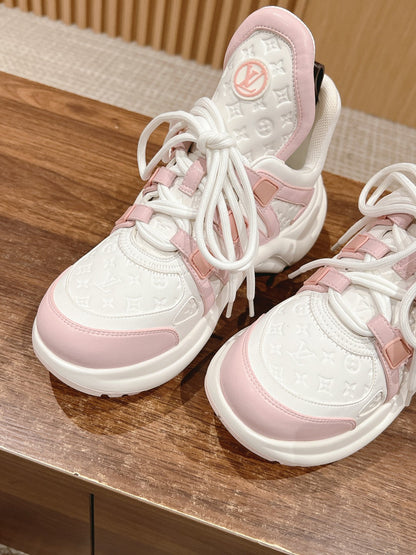 LV ARCHLIGHT SNEAKER IN WHITE MIX BABY PINK EMBOSSED CALFSKIN