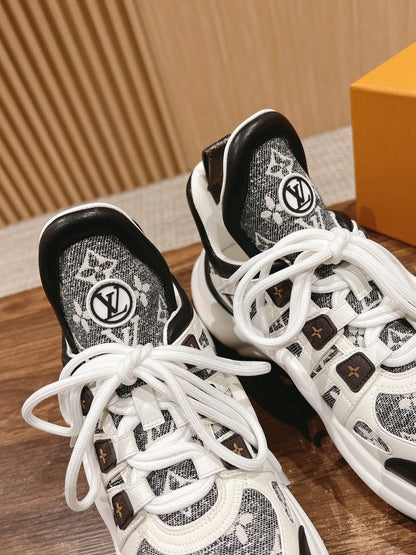 LV ARCHLIGHT SNEAKER IN WHITE MIX BLACK CALFSKIN AND MONOGRAM DENIM