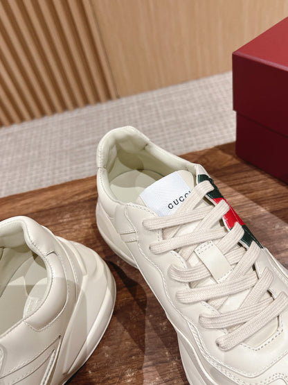 GG RHYTON TRAINER WHITE CALFSKIN WITH WEB LOGO