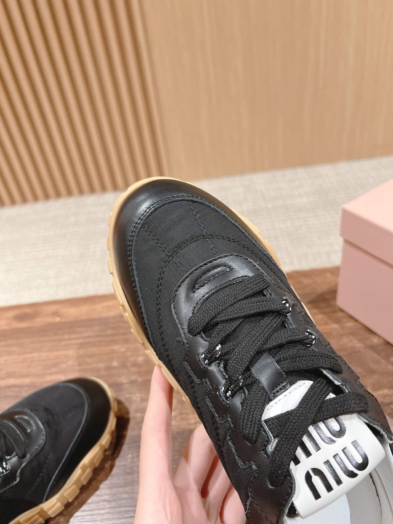 RUNNING SNEAKERS IN BLACK LAMBSKIN AND FABRIC ANTI-SLIP RUBBER SOLE