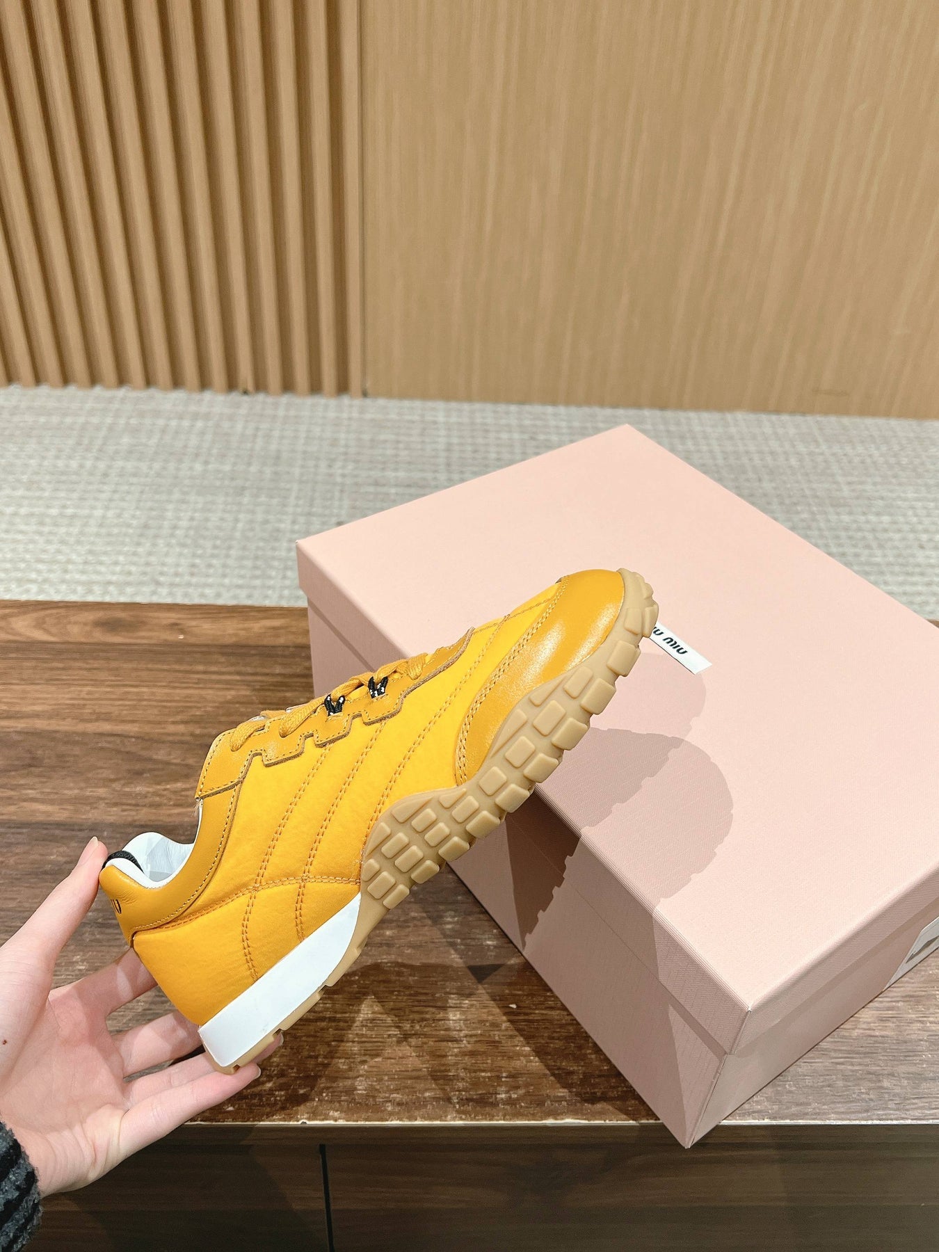 RUNNING SNEAKERS IN YELLOW LAMBSKIN AND FABRIC ANTI-SLIP RUBBER SOLE