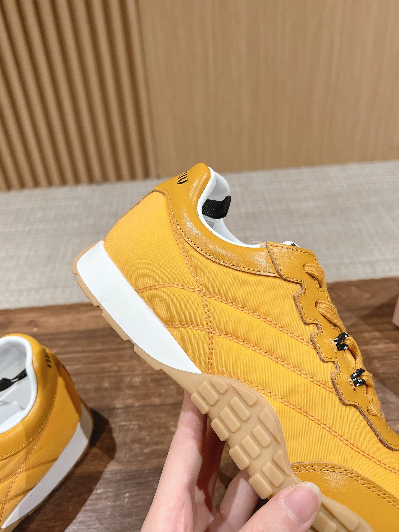 RUNNING SNEAKERS IN YELLOW LAMBSKIN AND FABRIC ANTI-SLIP RUBBER SOLE