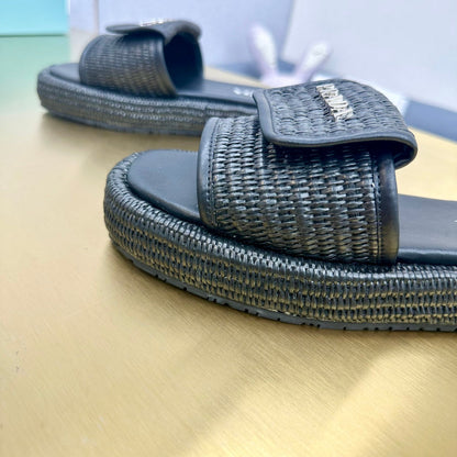 PRA CROCHET SLIDES SLIPPERS BLACK RAFFIA
