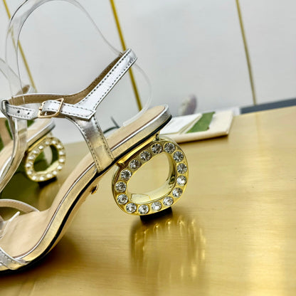 MEDIUM-HEEL SANDAL IN SILVER CALFSKIN GOLD HARDWARE WITH RHINSTONES