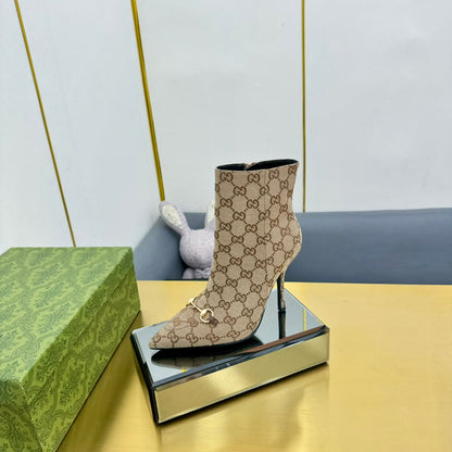 GG HORSEBIT ANKLE BOOT IN TAN BEIGE MONOGRAM CANVAS