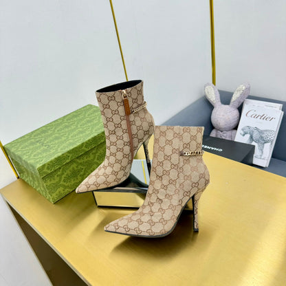 GG SIGNORIA ANKLE BOOT IN TAN BEIGE MONOGRAM CANVAS