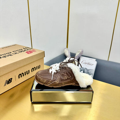 MIUxNB 530 SNEAKER MULES IN BROWN CALFSKIN SHEARLING
