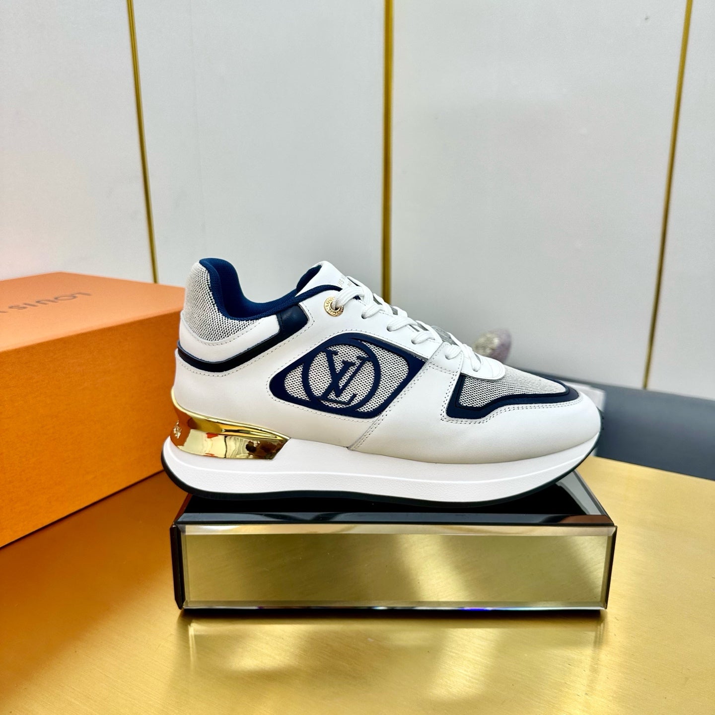 NEO RUN AWAY SNEAKER IN WHITE MIX NAVY BLUE CALFSKIN