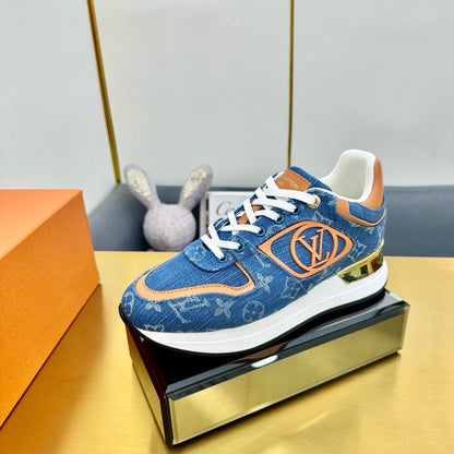 NEO RUN AWAY SNEAKER IN CLASSIC BLUE MONOGRAM DENIM AND ORANGE CALFSKIN
