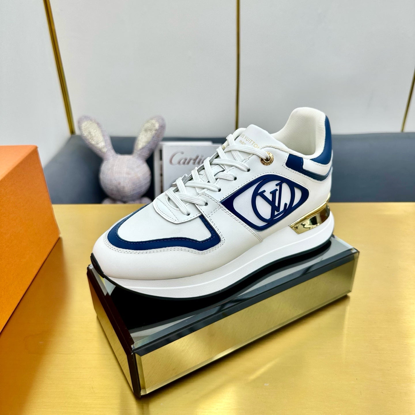 NEO RUN AWAY SNEAKER IN WHITE MIX COBALT BLUE CALFSKIN