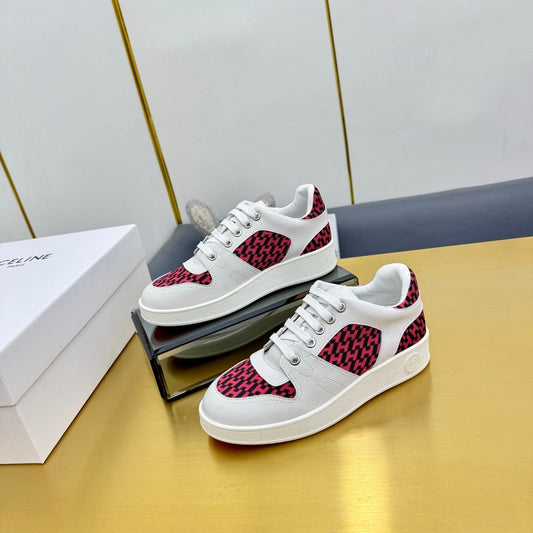 FREE SNEAKER IN WHITE CALFSKIN AND "H EN BIAIS" RED CANVAS.