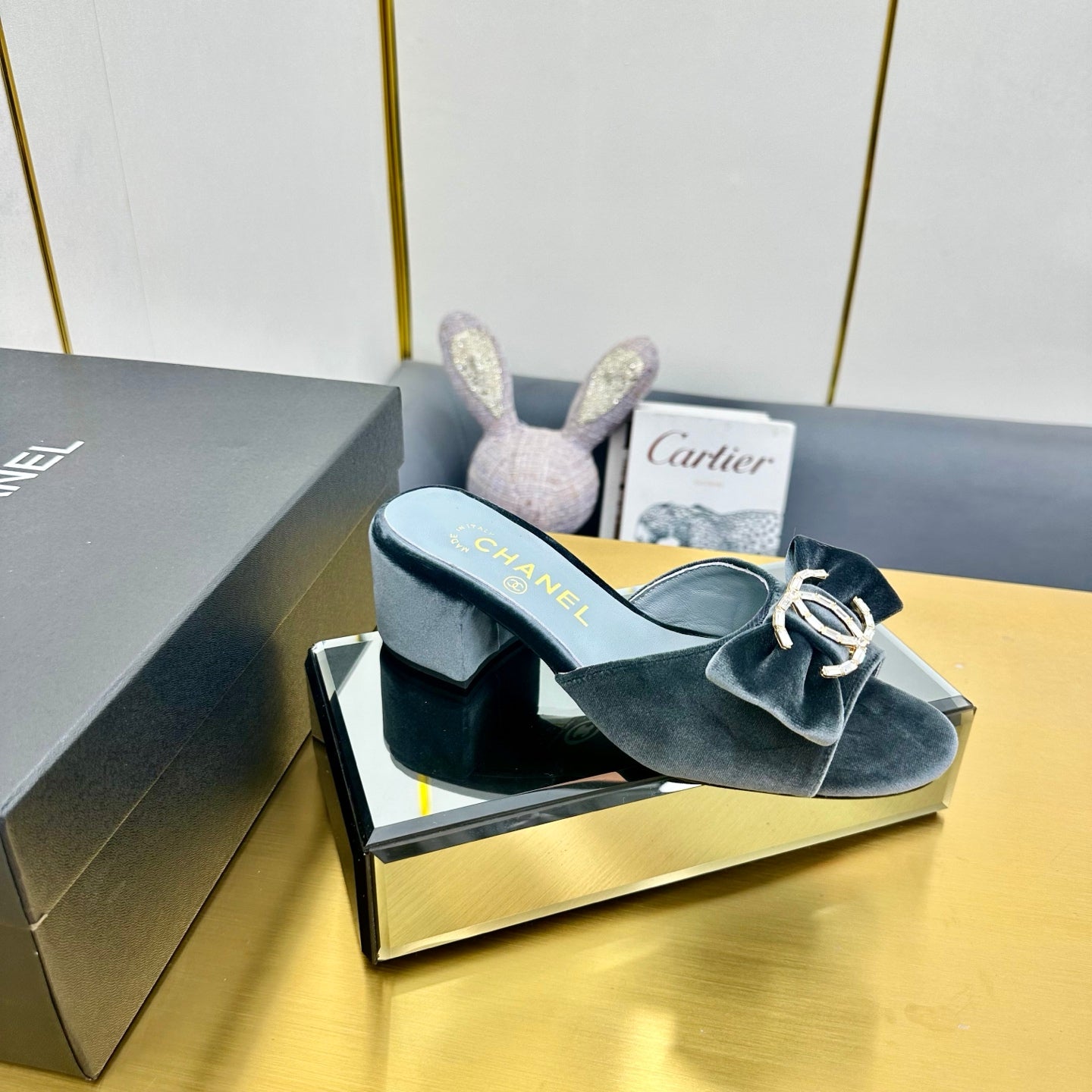 BOWKNOT RHINESTONES MID HEEL MULE IN STONE BLUE VELVET