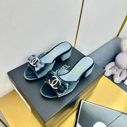 BOWKNOT RHINESTONES MID HEEL MULE IN STONE BLUE VELVET