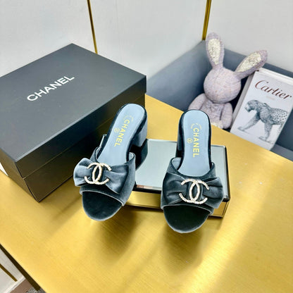 BOWKNOT RHINESTONES MID HEEL MULE IN STONE BLUE VELVET