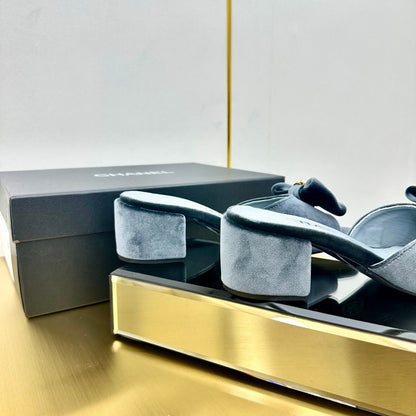 BOWKNOT RHINESTONES MID HEEL MULE IN STONE BLUE VELVET