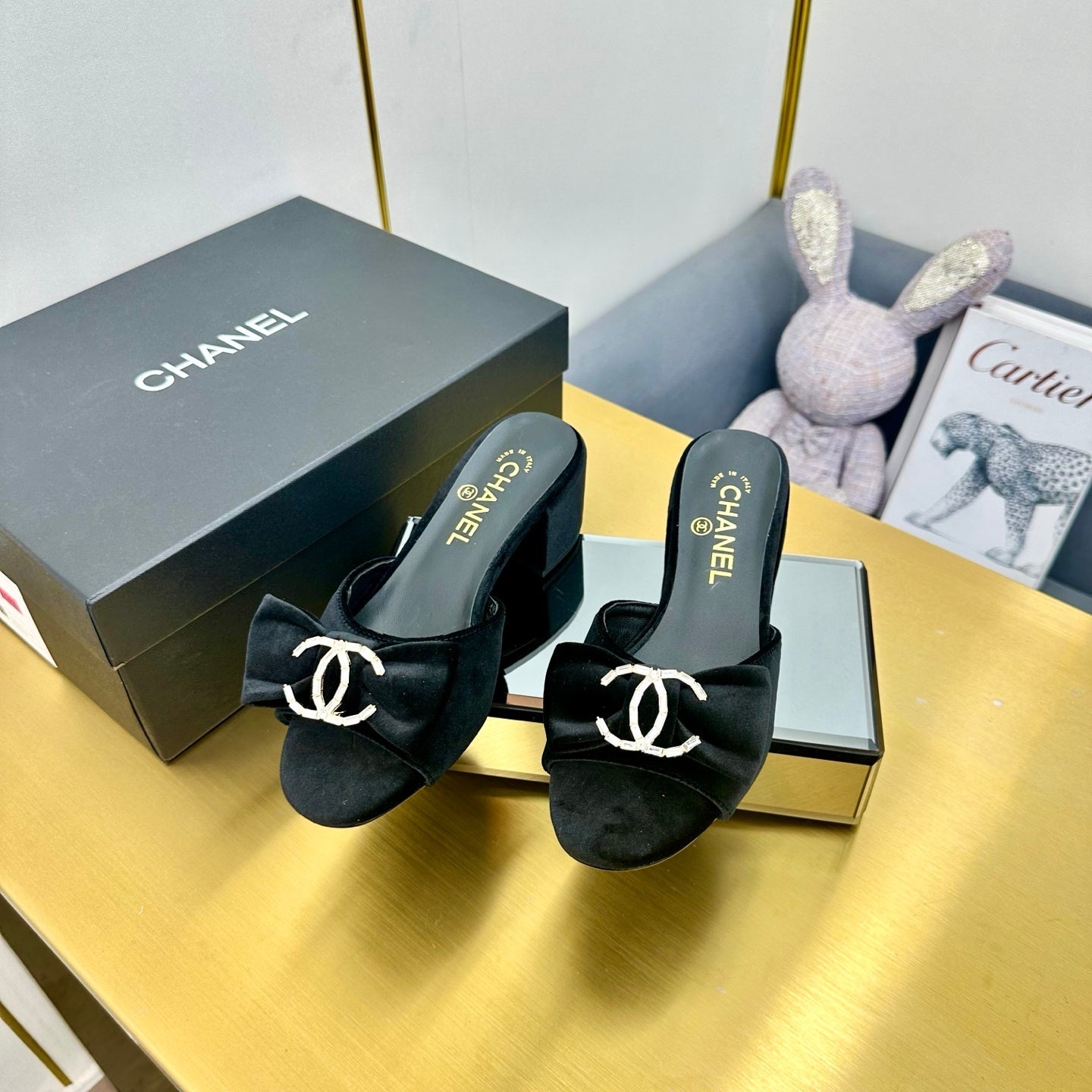 BOWKNOT RHINESTONES MID HEEL MULE IN BLACK VELVET