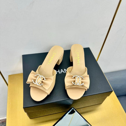 BOWKNOT RHINESTONES MID HEEL MULE IN FLAX YELLOW CALFSKIN