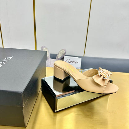 BOWKNOT RHINESTONES MID HEEL MULE IN FLAX YELLOW CALFSKIN