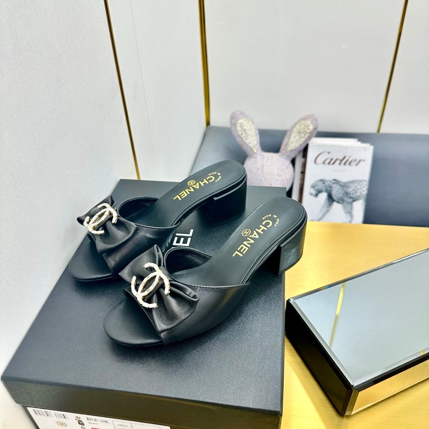 BOWKNOT RHINESTONES MID HEEL MULE IN BLACK CALFSKIN