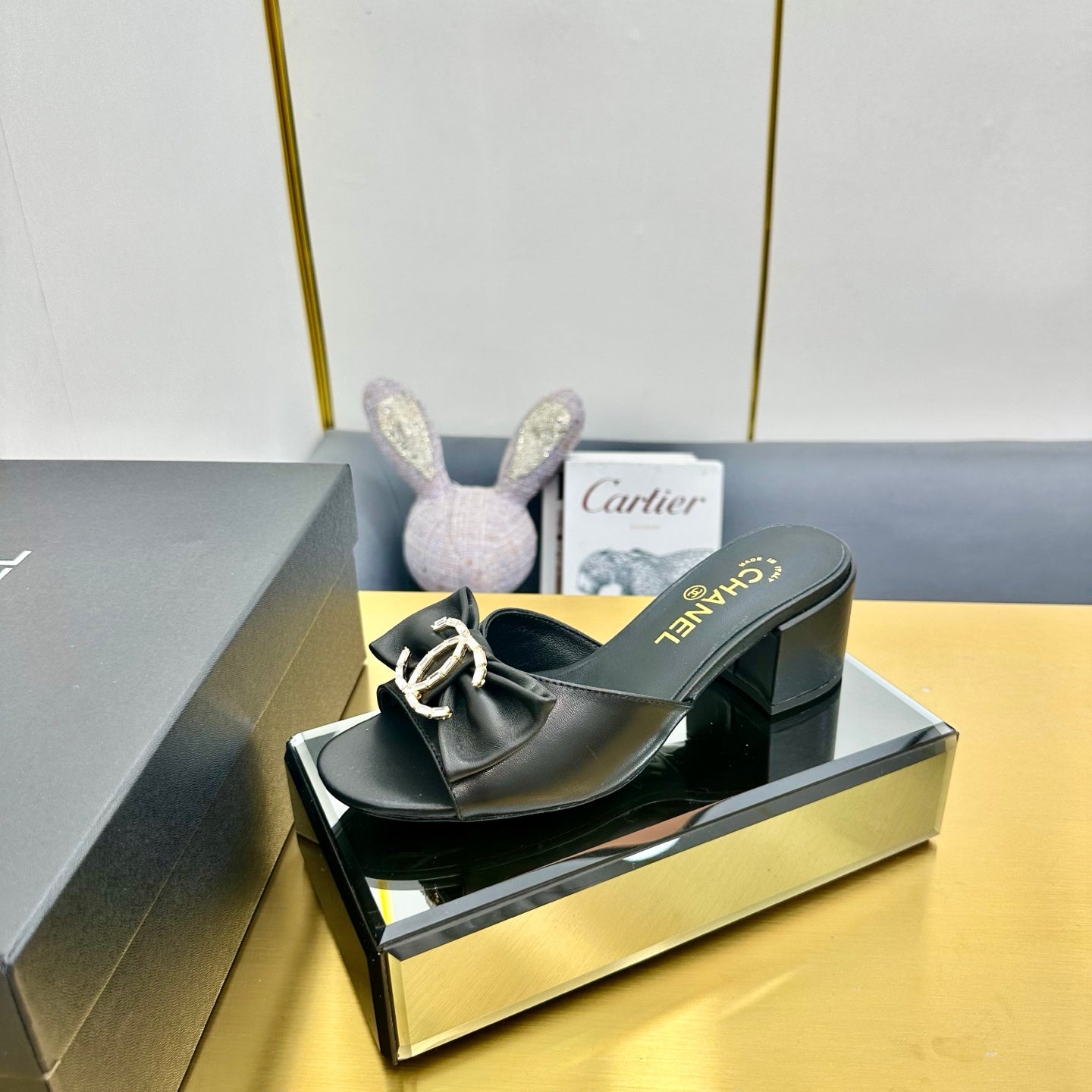 BOWKNOT RHINESTONES MID HEEL MULE IN BLACK CALFSKIN