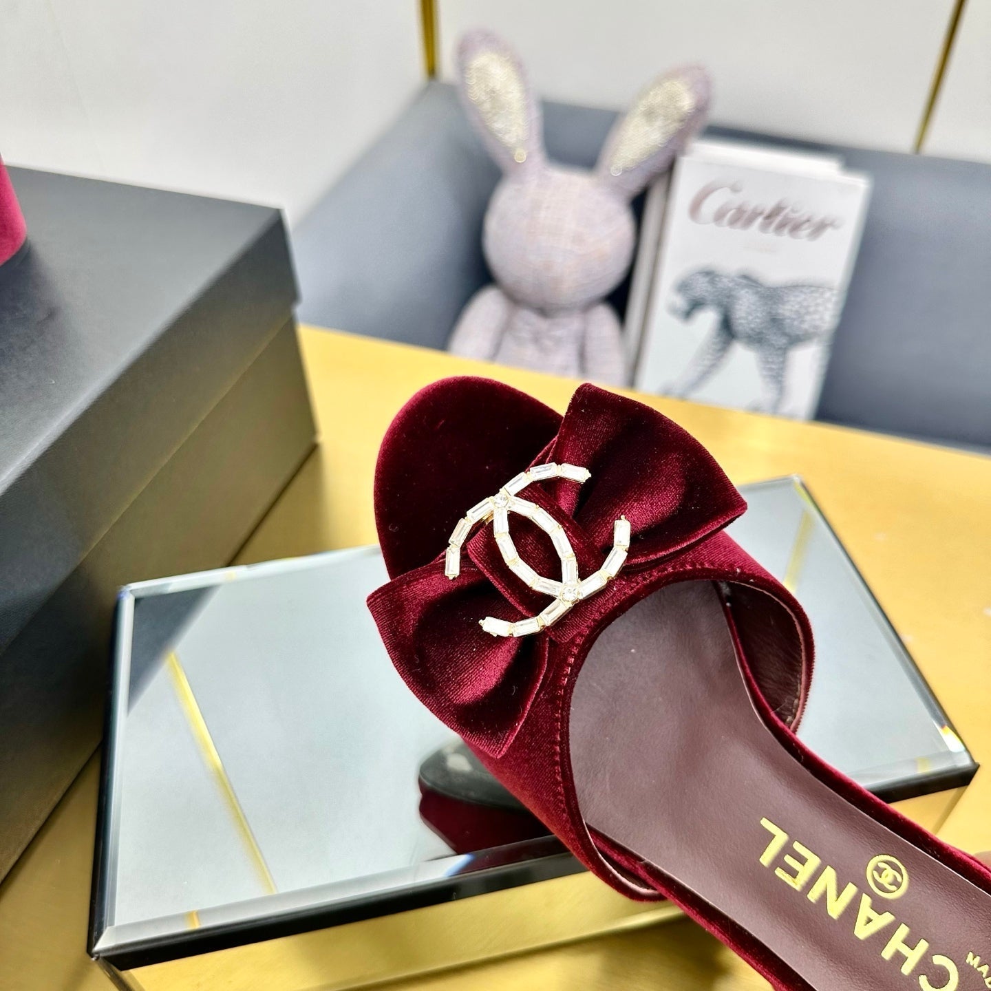 BOWKNOT RHINESTONES MID HEEL MULE IN GARNET RED VELVET