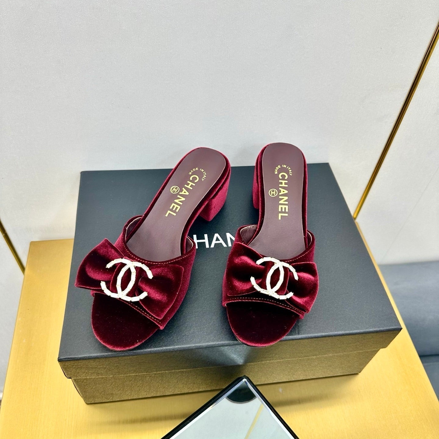 BOWKNOT RHINESTONES MID HEEL MULE IN GARNET RED VELVET