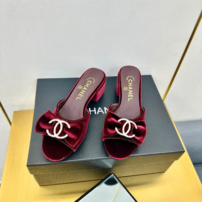 BOWKNOT RHINESTONES MID HEEL MULE IN GARNET RED VELVET