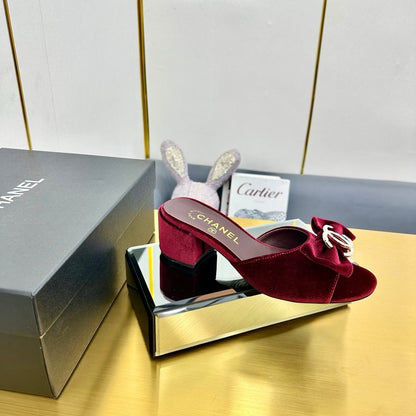 BOWKNOT RHINESTONES MID HEEL MULE IN GARNET RED VELVET