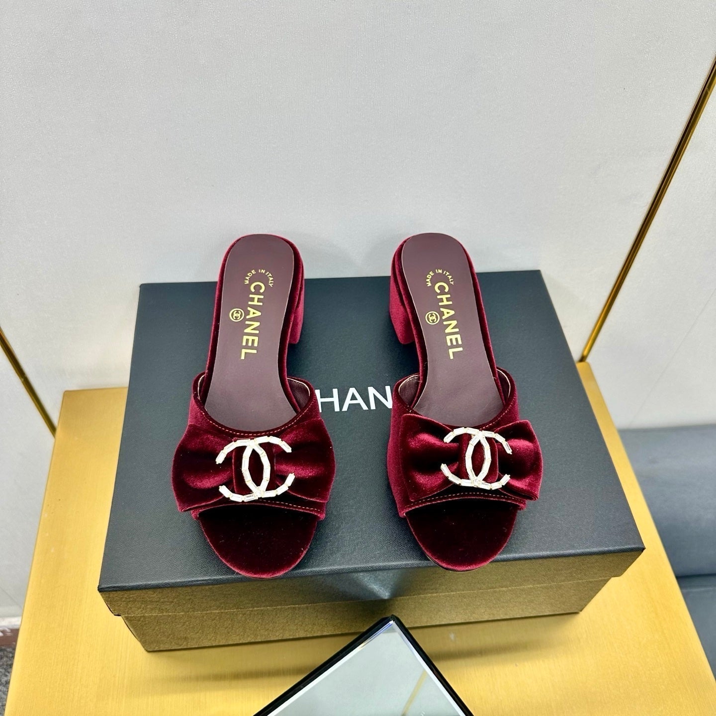 BOWKNOT RHINESTONES MID HEEL MULE IN GARNET RED VELVET