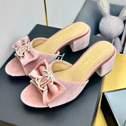 BOWKNOT RHINESTONES MID HEEL MULE IN LIGHT PINK VELVET