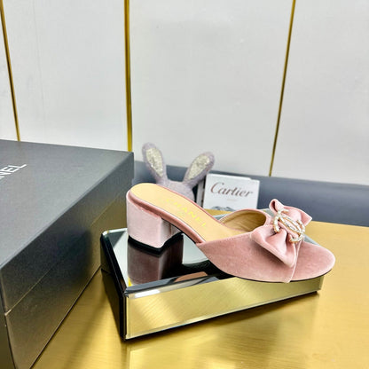BOWKNOT RHINESTONES MID HEEL MULE IN LIGHT PINK VELVET