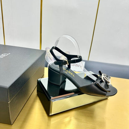 BOWKNOT RHINESTONES MID HEEL SANDAL IN BLACK CALFSKIN