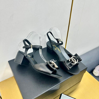 BOWKNOT RHINESTONES MID HEEL SANDAL IN BLACK CALFSKIN