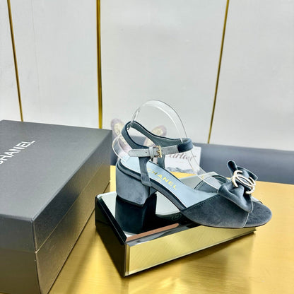 BOWKNOT RHINESTONES MID HEEL SANDAL IN STONE BLUE VELVET