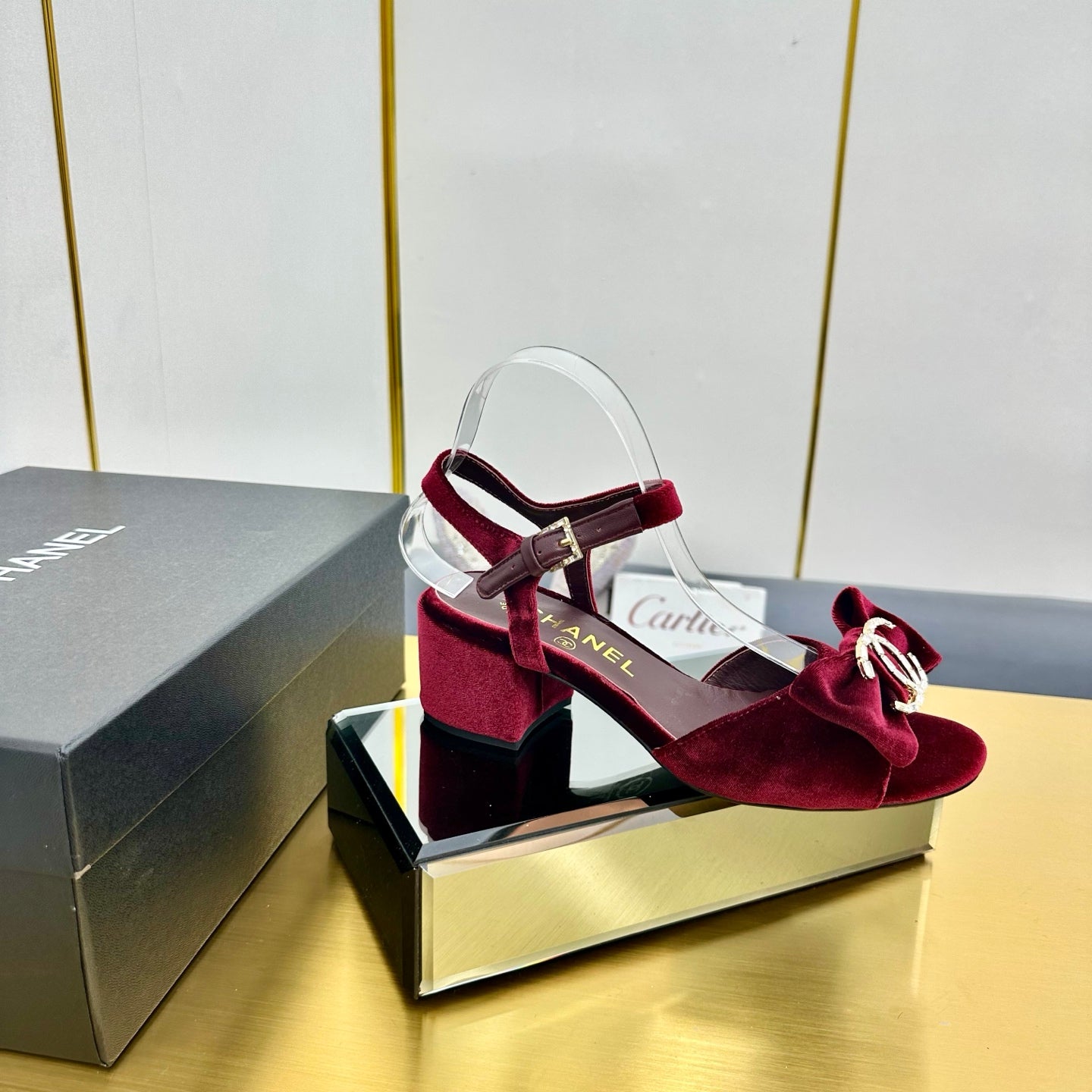 BOWKNOT RHINESTONES MID HEEL SANDAL IN GARNET RED VELVET